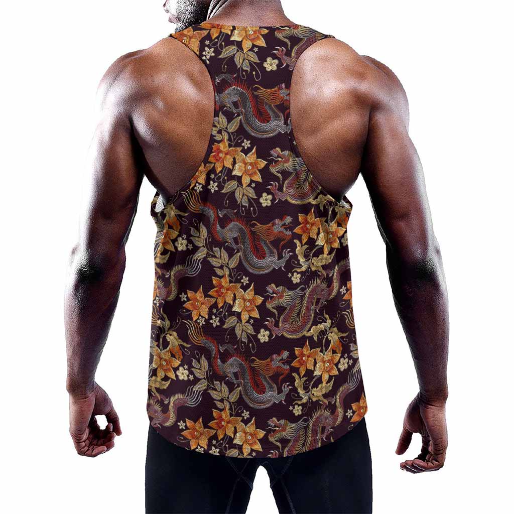 Vintage Dragon Flower Pattern Print Training Tank Top