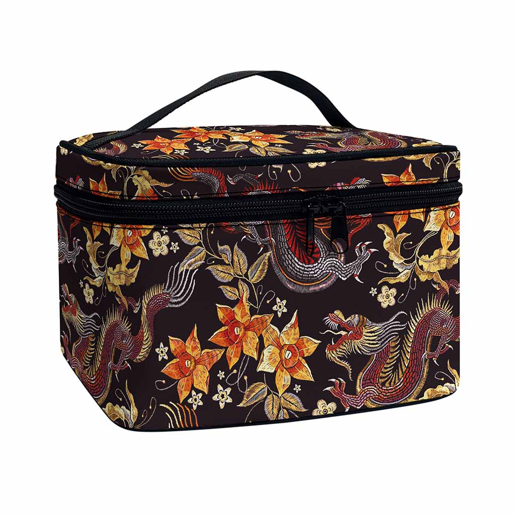 Vintage Dragon Flower Pattern Print Travel Makeup Bag