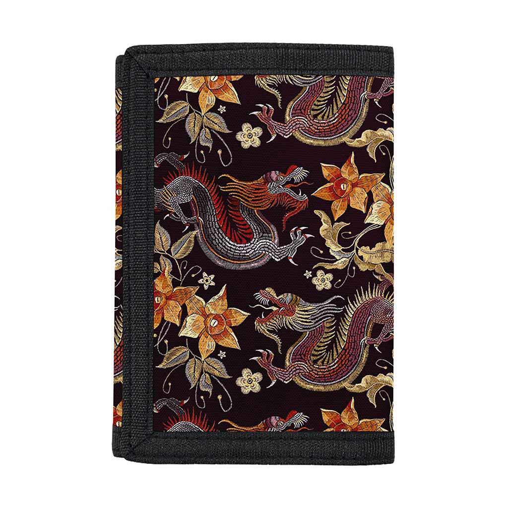 Vintage Dragon Flower Pattern Print Trifold Wallet