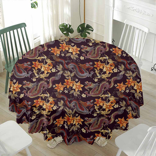 Vintage Dragon Flower Pattern Print Waterproof Round Tablecloth