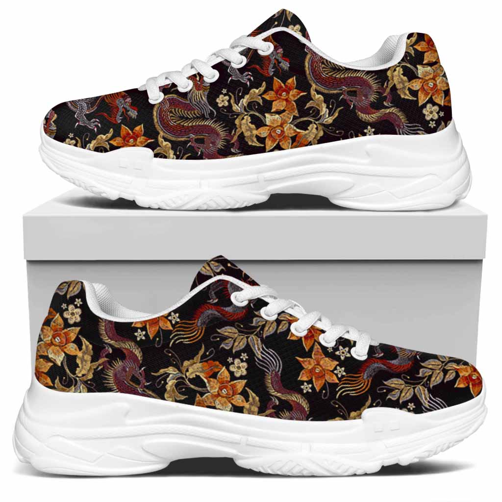 Vintage Dragon Flower Pattern Print White Chunky Shoes