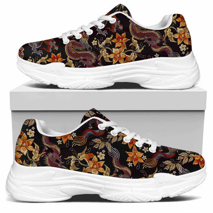 Vintage Dragon Flower Pattern Print White Chunky Shoes