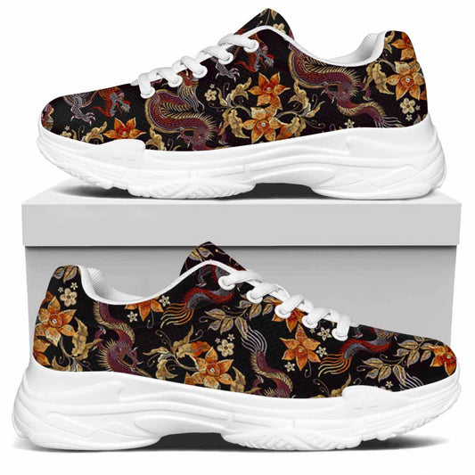Vintage Dragon Flower Pattern Print White Chunky Shoes