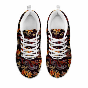 Vintage Dragon Flower Pattern Print White Running Shoes