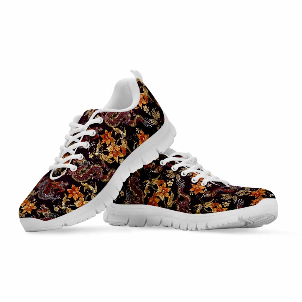 Vintage Dragon Flower Pattern Print White Running Shoes