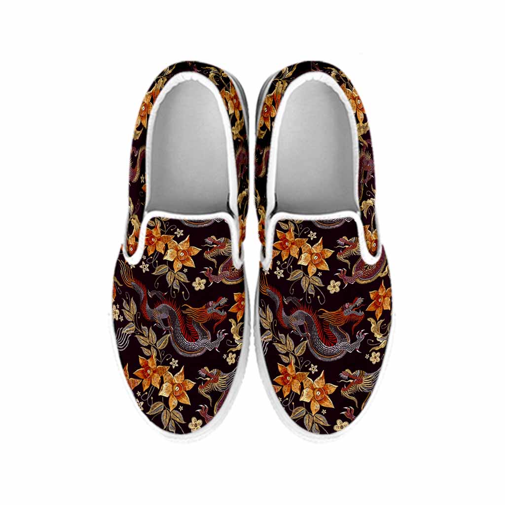 Vintage Dragon Flower Pattern Print White Slip On Sneakers