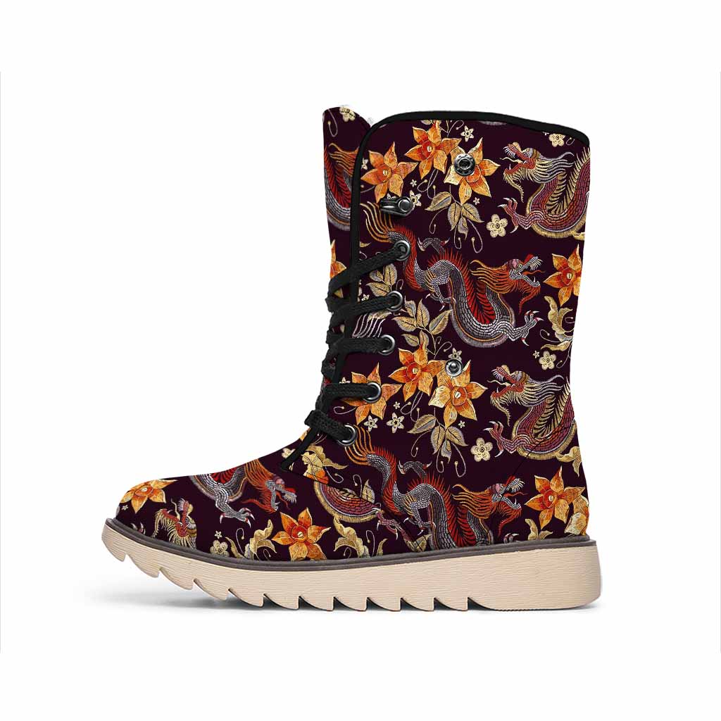 Vintage Dragon Flower Pattern Print Winter Boots