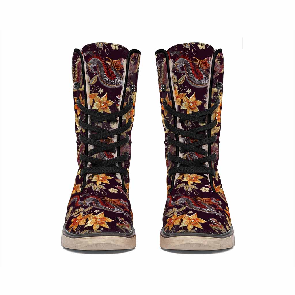 Vintage Dragon Flower Pattern Print Winter Boots