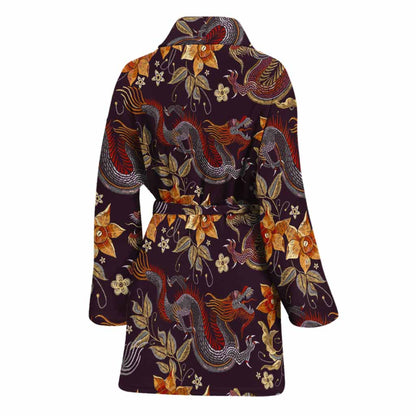 Vintage Dragon Flower Pattern Print Women's Bathrobe