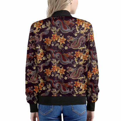 Vintage Dragon Flower Pattern Print Women's Bomber Jacket