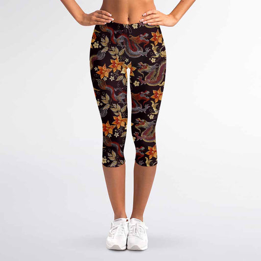 Vintage Dragon Flower Pattern Print Women's Capri Leggings