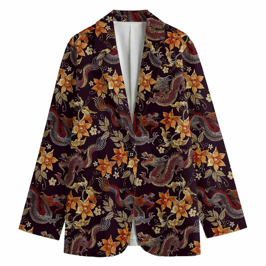 Vintage Dragon Flower Pattern Print Women's Cotton Blazer