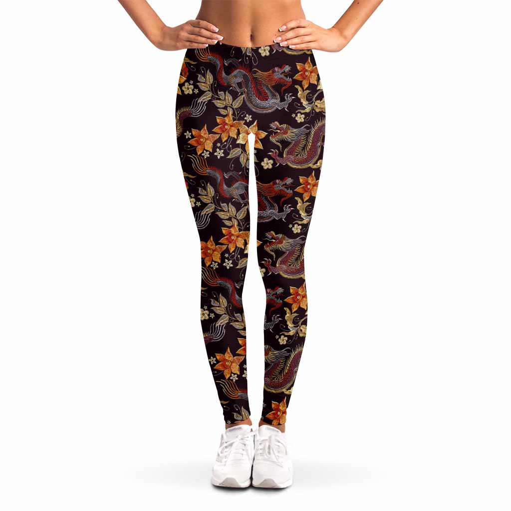 Vintage Dragon Flower Pattern Print Women's Leggings