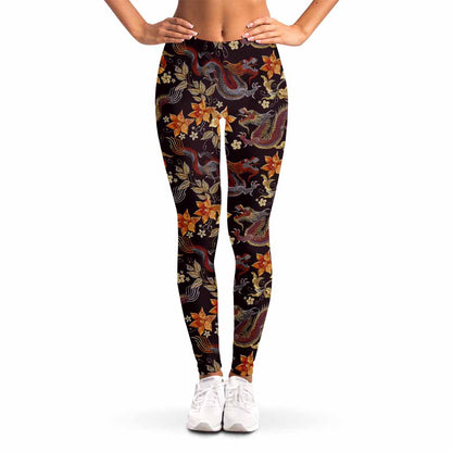Vintage Dragon Flower Pattern Print Women's Leggings