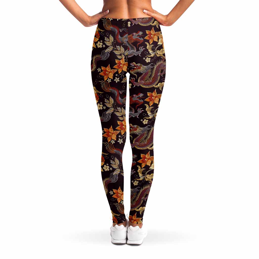 Vintage Dragon Flower Pattern Print Women's Leggings