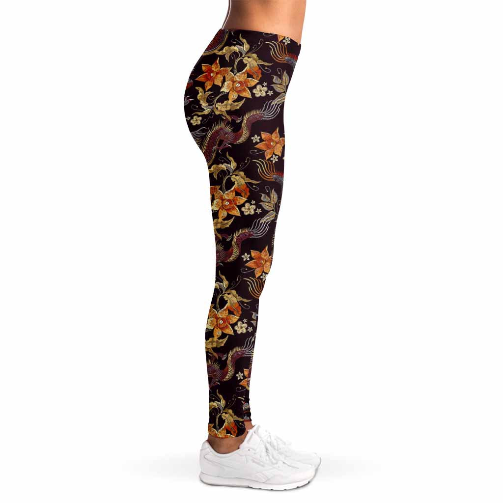 Vintage Dragon Flower Pattern Print Women's Leggings