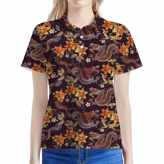 Vintage Dragon Flower Pattern Print Women's Polo Shirt