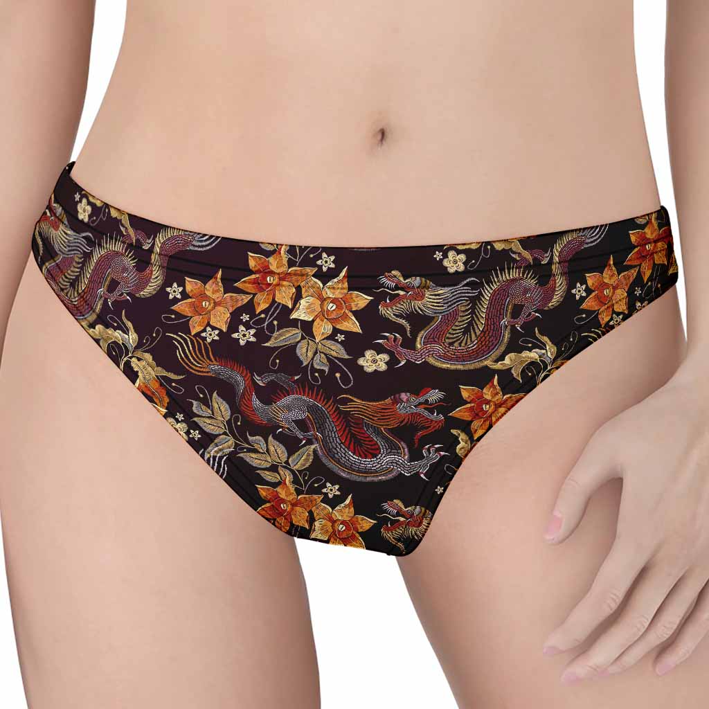 Vintage Dragon Flower Pattern Print Women's Thong