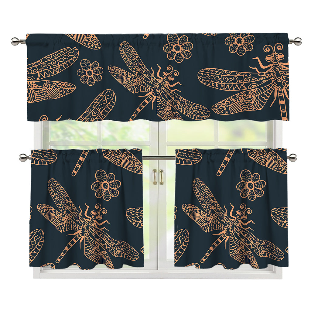 Vintage Dragonfly Pattern Print 3 Piece Kitchen Curtains