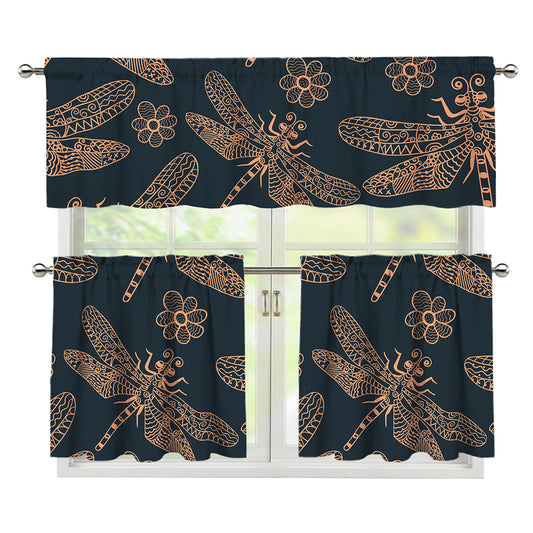 Vintage Dragonfly Pattern Print 3 Piece Kitchen Curtains