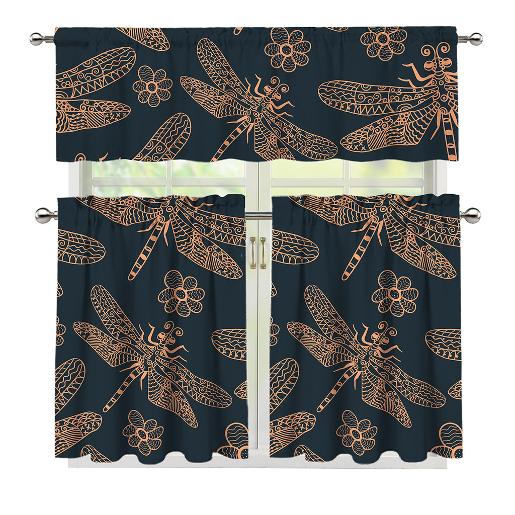Vintage Dragonfly Pattern Print 3 Piece Kitchen Curtains