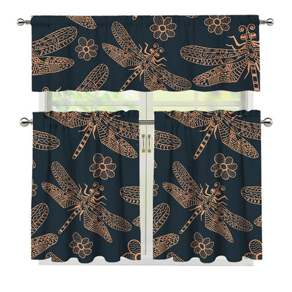 Vintage Dragonfly Pattern Print 3 Piece Kitchen Curtains