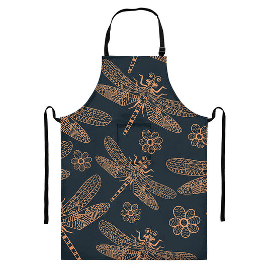 Vintage Dragonfly Pattern Print Bib Apron With Pocket
