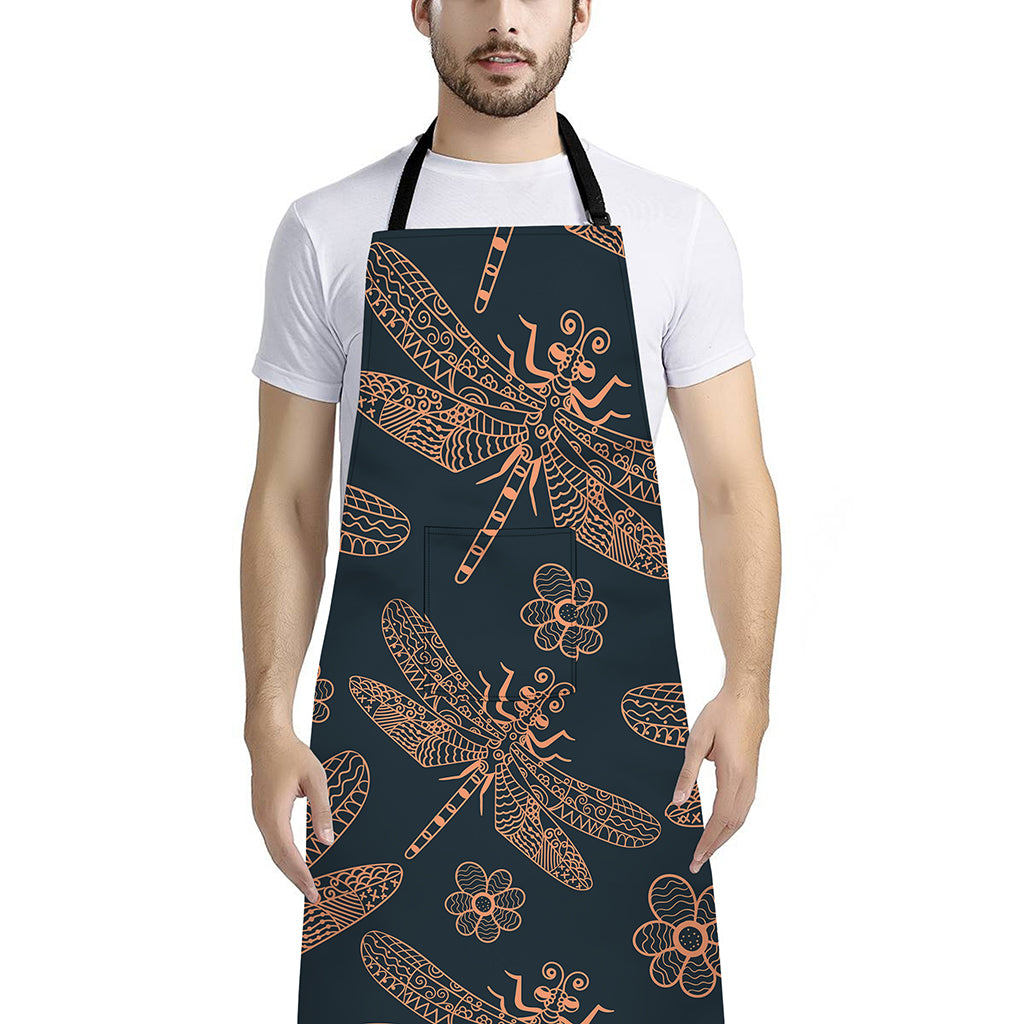 Vintage Dragonfly Pattern Print Bib Apron With Pocket