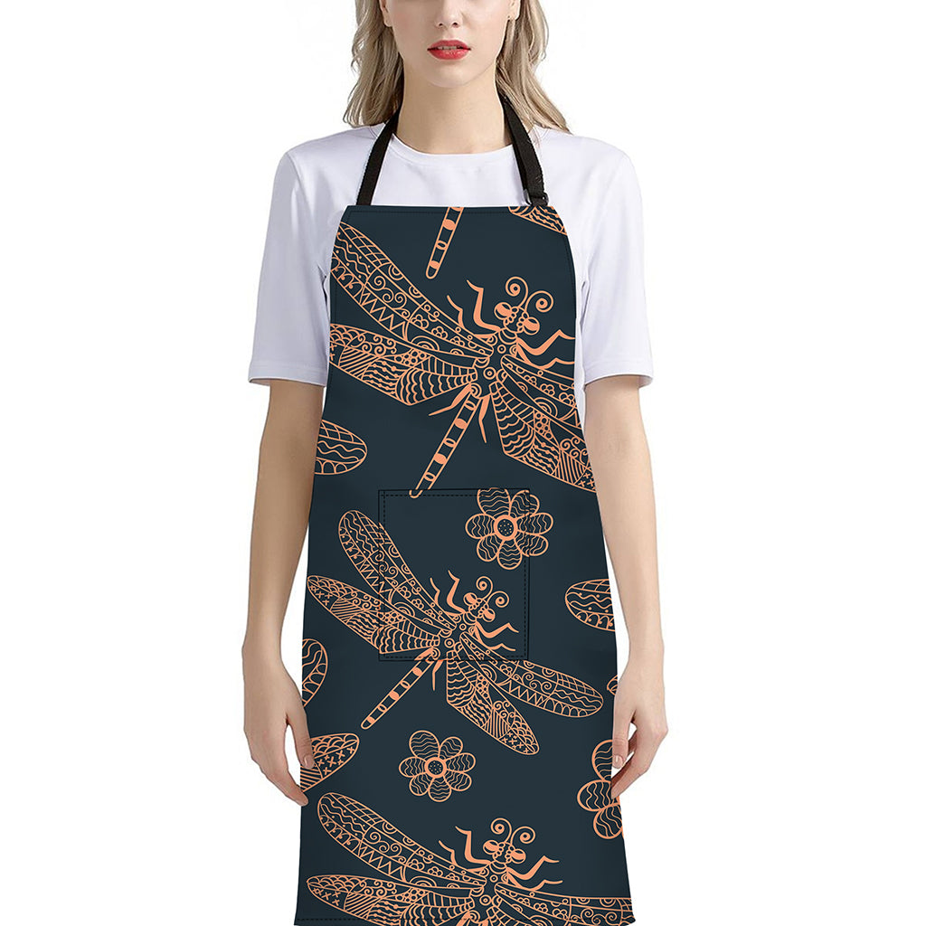Vintage Dragonfly Pattern Print Bib Apron With Pocket