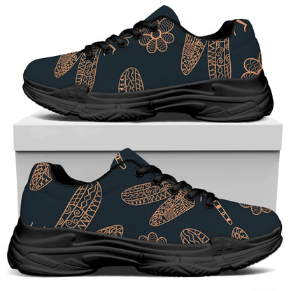 Vintage Dragonfly Pattern Print Black Chunky Shoes