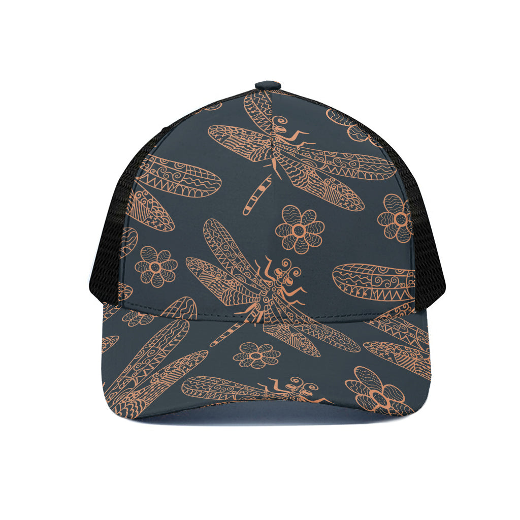 Vintage Dragonfly Pattern Print Black Mesh Trucker Cap
