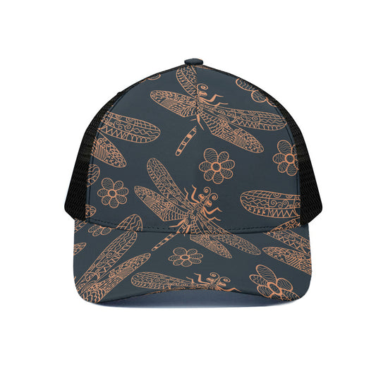 Vintage Dragonfly Pattern Print Black Mesh Trucker Cap