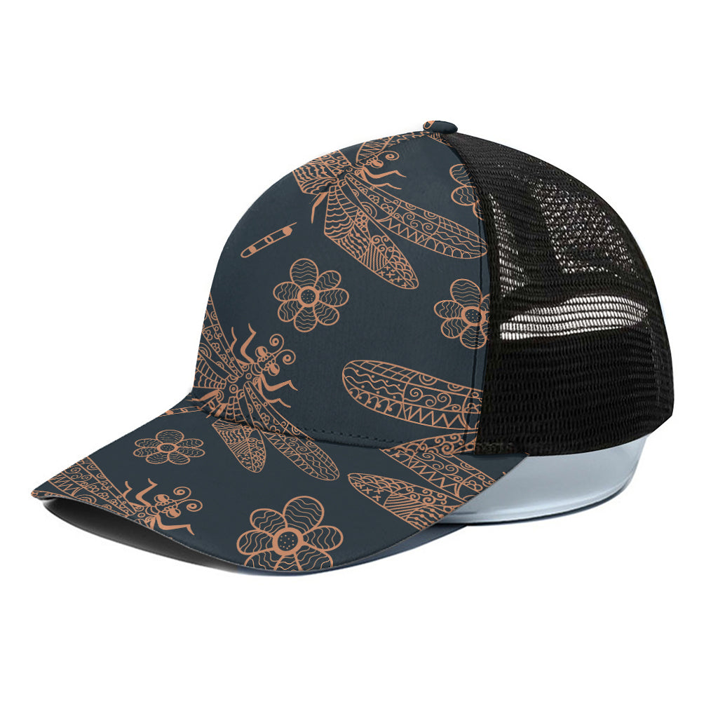Vintage Dragonfly Pattern Print Black Mesh Trucker Cap