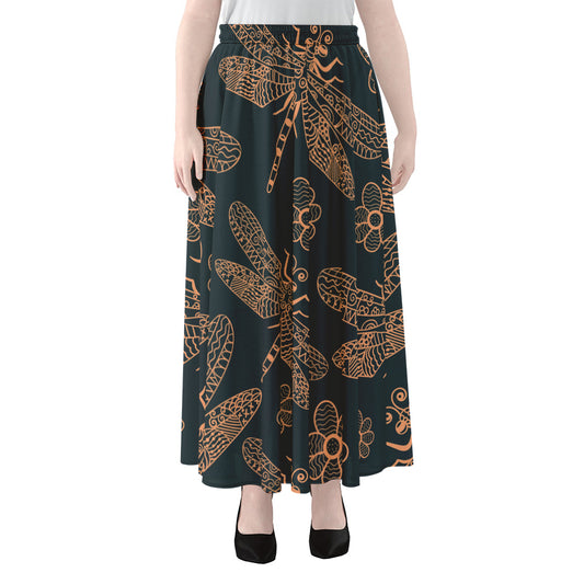 Vintage Dragonfly Pattern Print Chiffon Maxi Skirt
