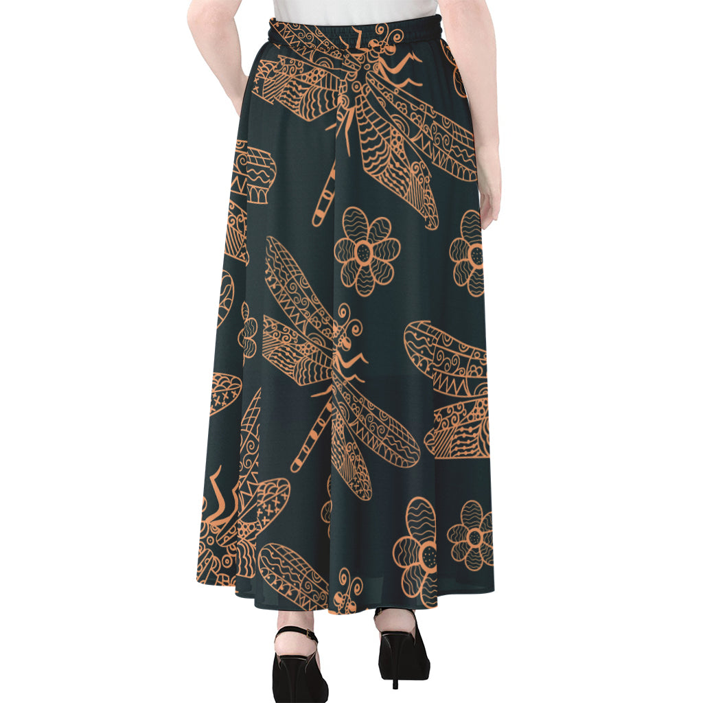 Vintage Dragonfly Pattern Print Chiffon Maxi Skirt