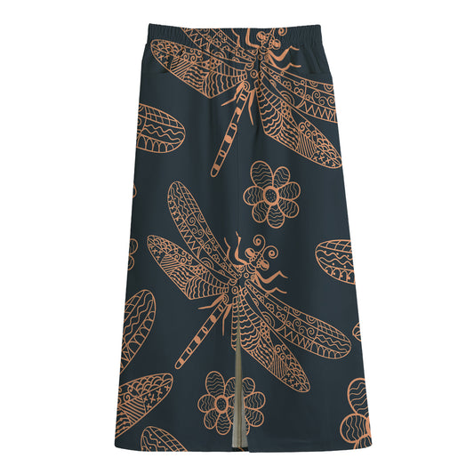 Vintage Dragonfly Pattern Print Cotton Front Slit Maxi Skirt