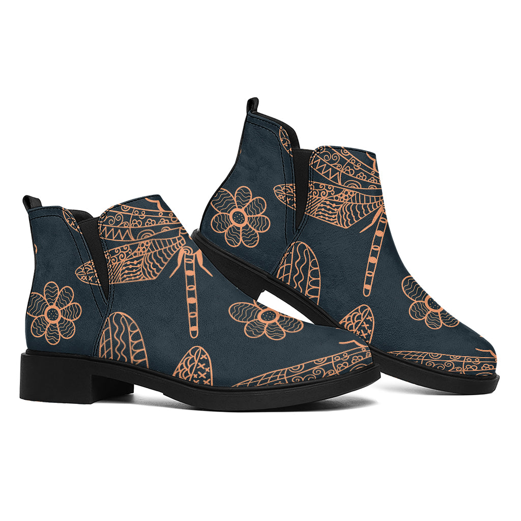 Vintage Dragonfly Pattern Print Flat Ankle Boots