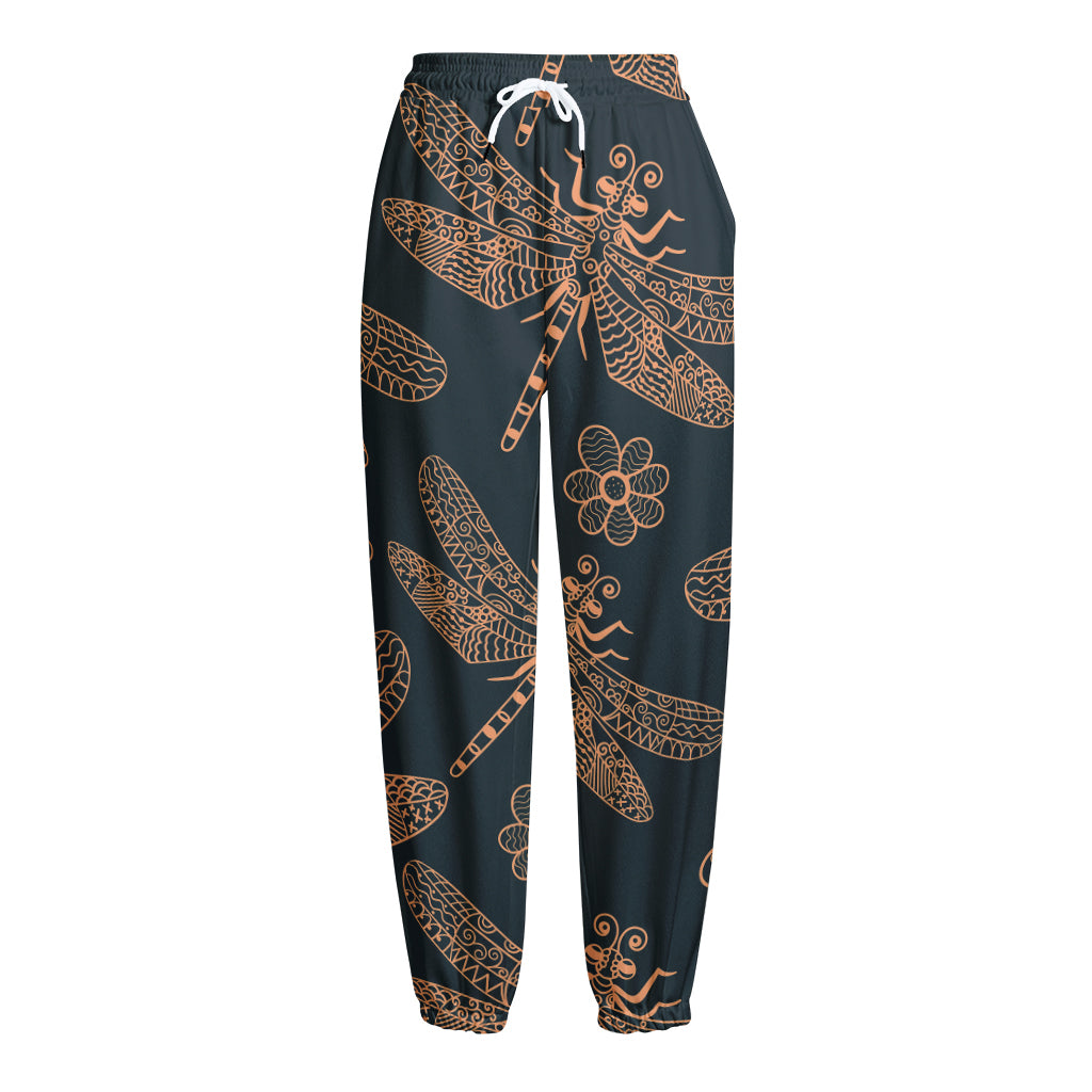 Vintage Dragonfly Pattern Print Fleece Lined Knit Pants