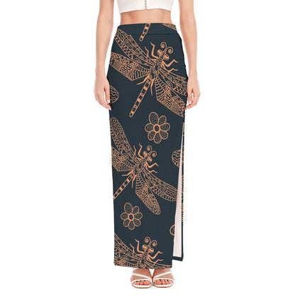 Vintage Dragonfly Pattern Print High Slit Maxi Skirt