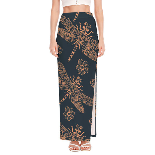Vintage Dragonfly Pattern Print High Slit Maxi Skirt