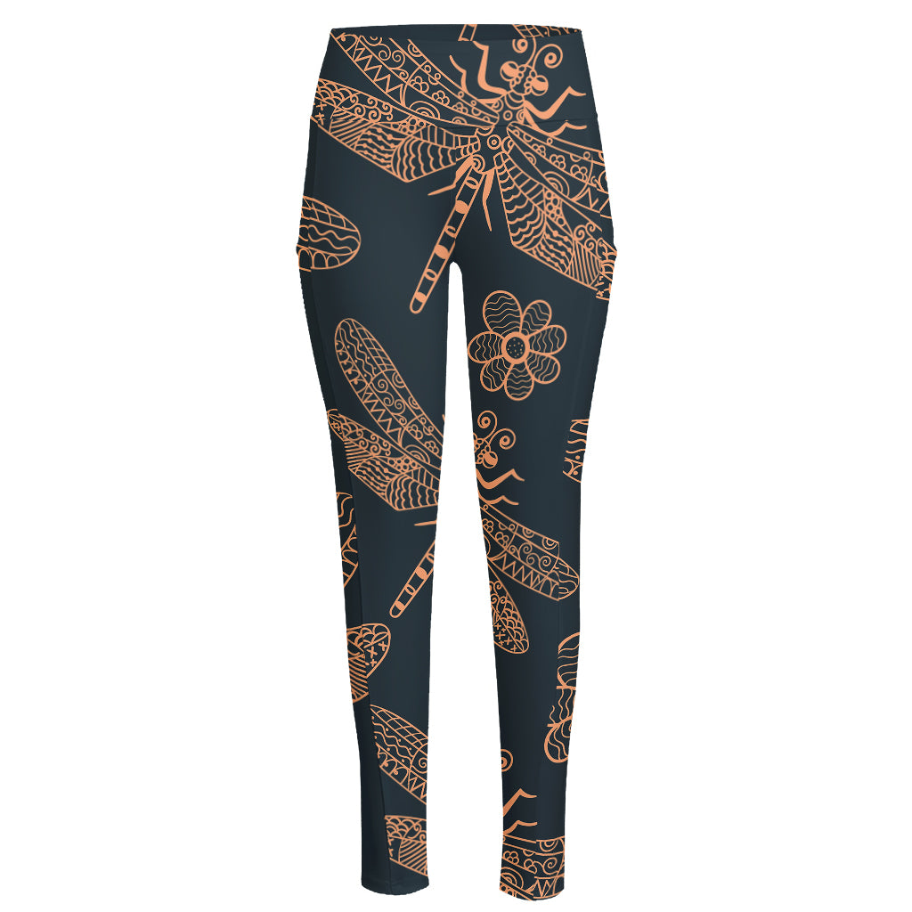 Vintage Dragonfly Pattern Print High-Waisted Pocket Leggings