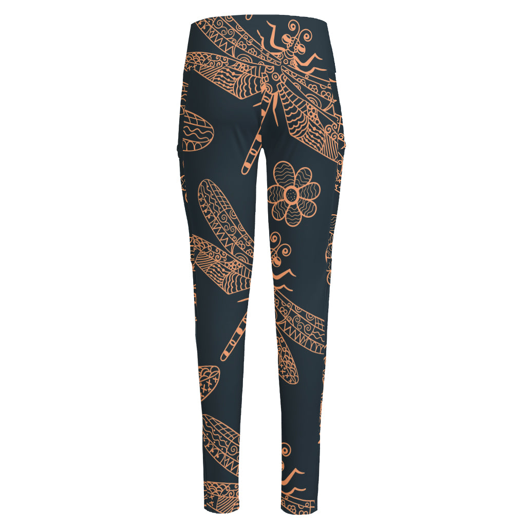 Vintage Dragonfly Pattern Print High-Waisted Pocket Leggings
