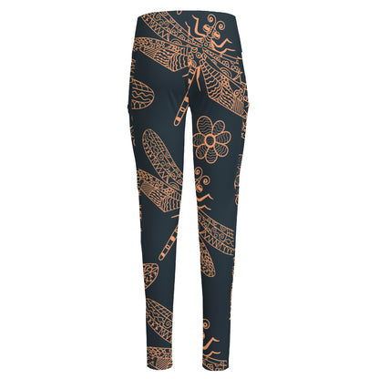 Vintage Dragonfly Pattern Print High-Waisted Pocket Leggings