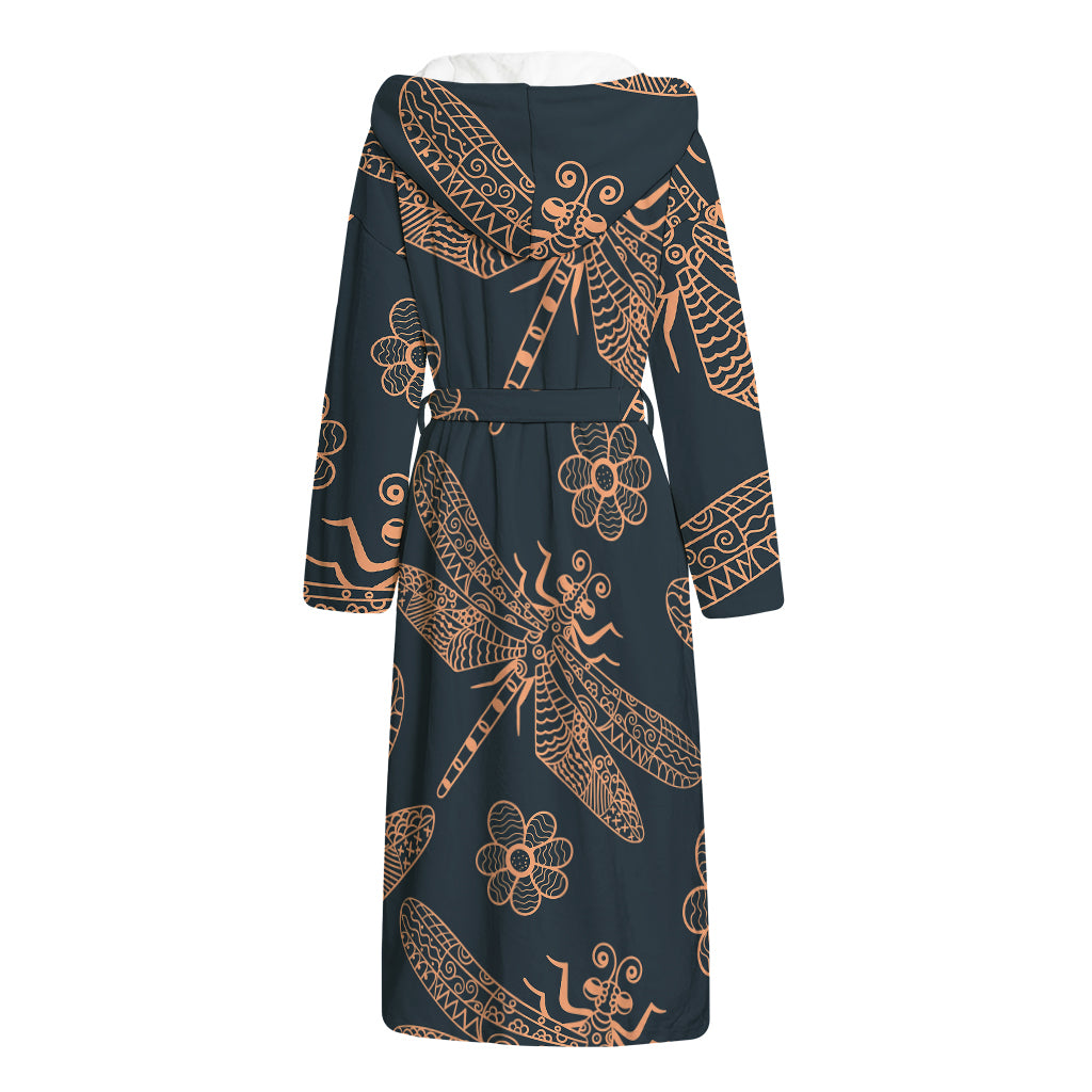 Vintage Dragonfly Pattern Print Hooded Bathrobe