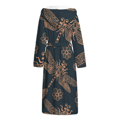 Vintage Dragonfly Pattern Print Hooded Bathrobe