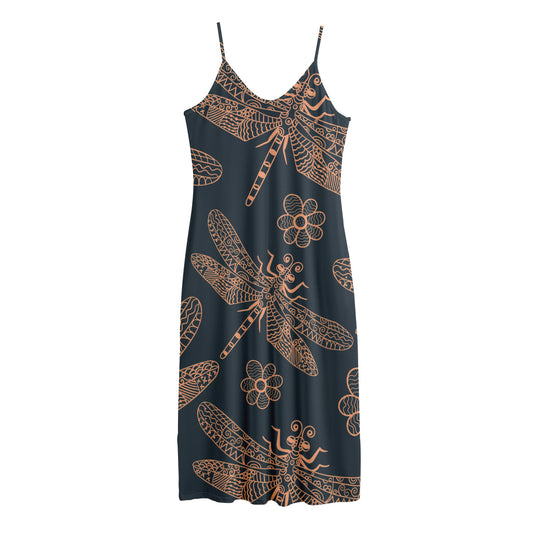 Vintage Dragonfly Pattern Print Jersey Midi Cami Dress