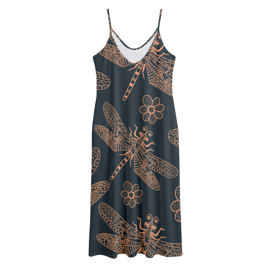 Vintage Dragonfly Pattern Print Jersey Midi Cami Dress
