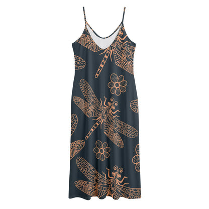 Vintage Dragonfly Pattern Print Jersey Midi Cami Dress