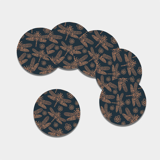 Vintage Dragonfly Pattern Print Leather Coaster Set