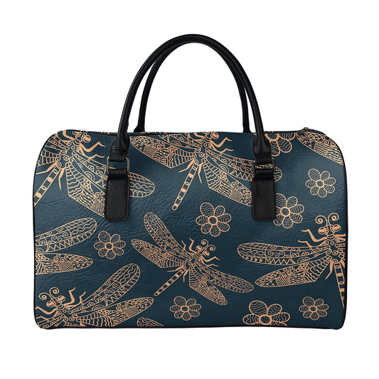 Vintage Dragonfly Pattern Print Leather Duffle Bag